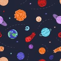 Seamless cute space pattern. Planets, metheorites nebulas and stars. Cosmic childish background. Hand drawn universe vector illustration.