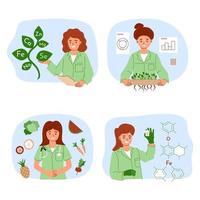 conjunto de conceptos nutricionistas. plan de dieta y programa de nutrición individual, entrenador de alimentos con frutas vegetales y microverde, médico consultor con gráficos fórmulas de microelementos ilustración vectorial plana vector