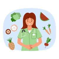 Nutritionist doctor with stethoscope fruits, vegetables and greens. Dietary eating concept, meal planning, nutrition consultation, healthy food. Vector illustration for web coaching, books articles