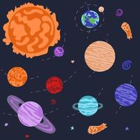 Solar system flat hand drawn set. Colorful childish planets, sun, meteorite, comet, stars, orbit. Galaxy system space on universe background kids card nursery design vector illustration