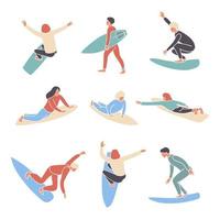 Vector flat style set of surfing boy and girl surfers abstract mosaic stylized. Minimalism design off wave riders in different poses vector illustration