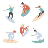 Vector set of simple abstract surfers faceless silhouettes. Surfing school logo banner. Surfing people. Wave riders vector illustration
