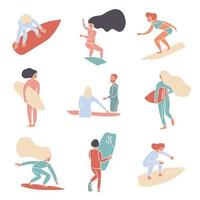Vector set of simple abstract surfers faceless silhouettes. Surfing school logo banner. Girls and boys are surfing. Wave riders vector illustration