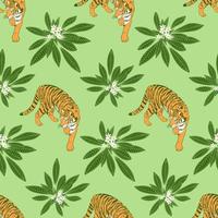 Seamless pattern with walking tiger and tropical plumeria leaves and flowers. Hand drawn exotic cover, textile, fabric, wrpapping paper summer jungle vector illustration