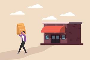 Customer carry paper bag on his shoulders from cafe. Take away and service concept. Colored flat graphic vector illustration.