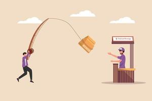 Happy customer take away Food paper bag using Fishing tackle. Take away and service concept. Colored flat graphic vector illustration.