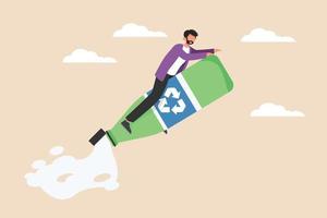 Young Boy rides and flies on recycled green bottles. Eco packaging concept. Colored flat vector illustration.