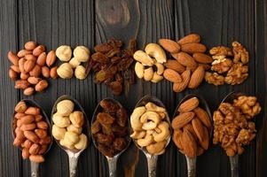 Hazelnut, cashews, raisins, almonds, peanuts, walnuts in silver spoons on a rustic background photo