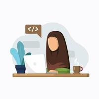 Woman character working or studying programming language with her laptop vector