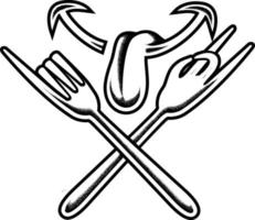 rock and food with fork on white background. Design element for logo, poster, card, banner, emblem, t shirt. Vector illustration