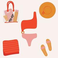 Bikini and beach accessories collection. Hand drawn. Flat design. Trendy fashion illustration. Premium Vector