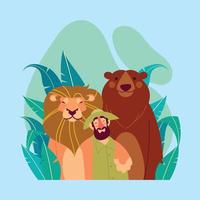 biólogo profesional de vida silvestre con el león y el oso vector