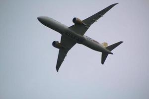 Manchester in the UK in June 2022. A view of an Aeroplane taking off from Manchester airport photo