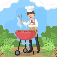 chef asando carne a la parrilla en un jardín con diversión vector