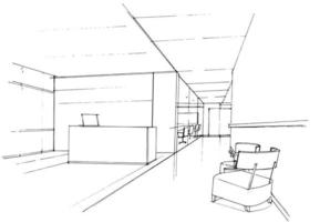 dibujo de croquis del área de espera de la oficina de la empresa, diseño moderno, vector, ilustración 2d vector
