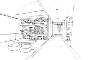 sketch drawing library area and bookshelf with seating and aisle,Modern design,vector,2d illustration vector