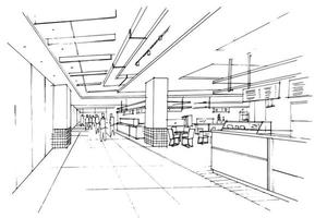 boceto de un área de corredor de patio de comidas y mostrador de comida, diseño moderno, vector, ilustración 2d vector