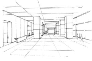dibujo de boceto de la oficina del vestíbulo, área de recepción de la oficina, diseño moderno, vector, ilustración 2d vector