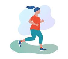 Jogging plump woman outdoors. Weight loss concept. Fatty girl running in sportswear. Morning jog in park. Flat vector illustration