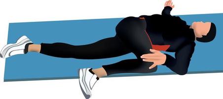 Postural gymnastics exercise. The illustration shows a man on a mat performing a stretching exercise. vector