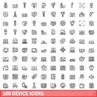 100 device icons set, outline style vector