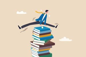 Education or knowledge, challenge to read books or study new skill, wisdom or intelligence for career opportunity concept, smart businessman jump over high books stack.