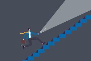 Flashlight to see opportunity, discover business way of success, challenge to find direction in the dark, leadership concept, confidence businessman with flashlight or torch running up stair. vector