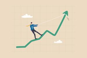 Increase sales or investment profit, growth or improvement, financial interest rate or crypto and stock market return concept, businessman pulling performance graph rising up with full effort. vector