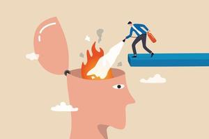 Therapy to cool down burning mind or anger, reduce burnout or mental illness, depression, cure anxiety and stress concept, man with fire extinguisher try to extinguish burning fire on human head. vector