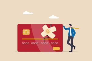 Credit repair, process to fixing poor credit standing, recover from financial mistake or negotiate with lender concept, confidence businessman stand with fixed and repaired credit card with bandage. vector