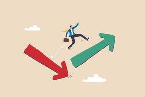 Economic and investment improvement or recover from crisis, stock market or crypto uncertainty, change from down turn to rising up concept, businessman investor jumping from red to rising up arrow. vector