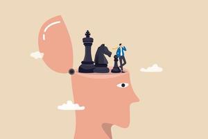 Strategic thinking to get business solution and win competition, leadership challenge to think about new idea, intelligence or wisdom for success, businessman thinking with chess piece on his head.