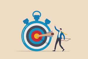 Time management to finish work within deadline, productivity or efficiency to reach goal, project timeline concept, smart businessman holding bow after shot at bullseye target on stopwatch. vector