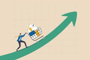 inflación que causa el aumento de los precios de los comestibles, más gastos, costos y gastos, crisis económica o concepto de aumento de los precios al consumidor, el hombre de negocios empuja el carrito de la compra hacia arriba en el gráfico de precios crecientes. vector