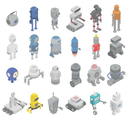 Robot transformer icons set, isometric style