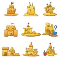 Conjunto de iconos de playa de castillos de arena, estilo de dibujos animados vector