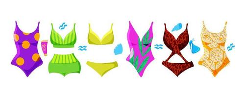 Summer bikini set for women. Flats style painted elements. Bathing suits in different styles and patterns. Joyful, bright palette vector