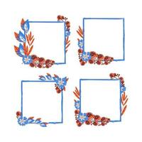 Set of frames with fancy flowers and twigs, hand-drawn elements in cartoon style. Flowers. Templates for postcards. Vector images of plants on white background