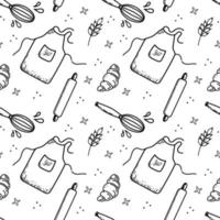 Seamless pattern of hand-drawn elements. Tools, chef's clothes and food cap, oven mitts, whisk, ears of wheat and croissant. Doodle style vector illustration
