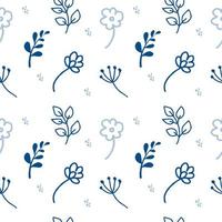A seamless pattern of hand-drawn plant elements in doodle style. Small flowers, twigs, leaves on white background. Monochrome palette. Vector in flat style. Suitable for textiles and packaging