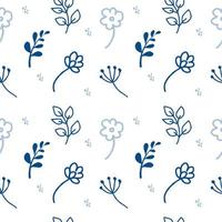 A seamless pattern of hand-drawn plant elements in doodle style. Small flowers, twigs, leaves on white background. Monochrome palette. Vector in flat style. Suitable for textiles and packaging