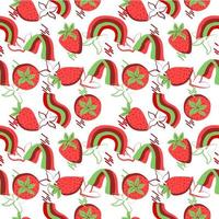Seamless strawberry pattern, hand-drawn doodle elements. Strawberries, rainbows and colorful stripes. Vector in a flat style. Suitable for textiles and packaging