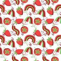 Seamless strawberry pattern, hand-drawn doodle elements. Strawberries, rainbows and colorful stripes. Vector in a flat style. Suitable for textiles and packaging