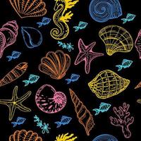 Seamless background with sea creatures, hand-drawn in sketch style. Shells, seaweed and small fish. Ocean. Sea bottom on black background. Pastel palette. Summer sea background vector