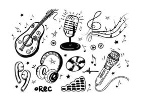 A set of hand-drawn sketch-style musical elements. Guitar or ukulele. Headphones, microphones, CD, audio, violin key with notes and recording icons. Vector simple isolated illustration