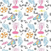 A seamless pattern of musical symbols, hand-drawn doodle-style elements. Microphone, CDs, sheet music, modern headphones and sound recording icons. Vector illustration