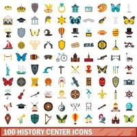 100 history center icons set, flat style vector