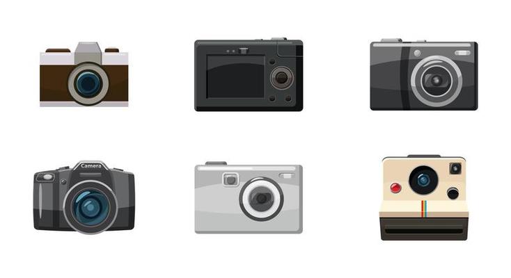 Camera icon set, cartoon style