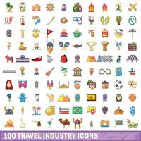 100 travel industry icons set, cartoon style