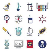 Chemistry laboratory icons set, cartoon style vector